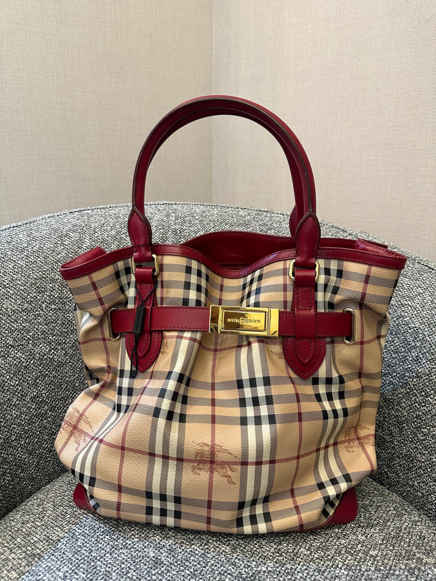 Burberry Haymarket Check Coated Canvas Belted Tote Bag with Red Leather Trim