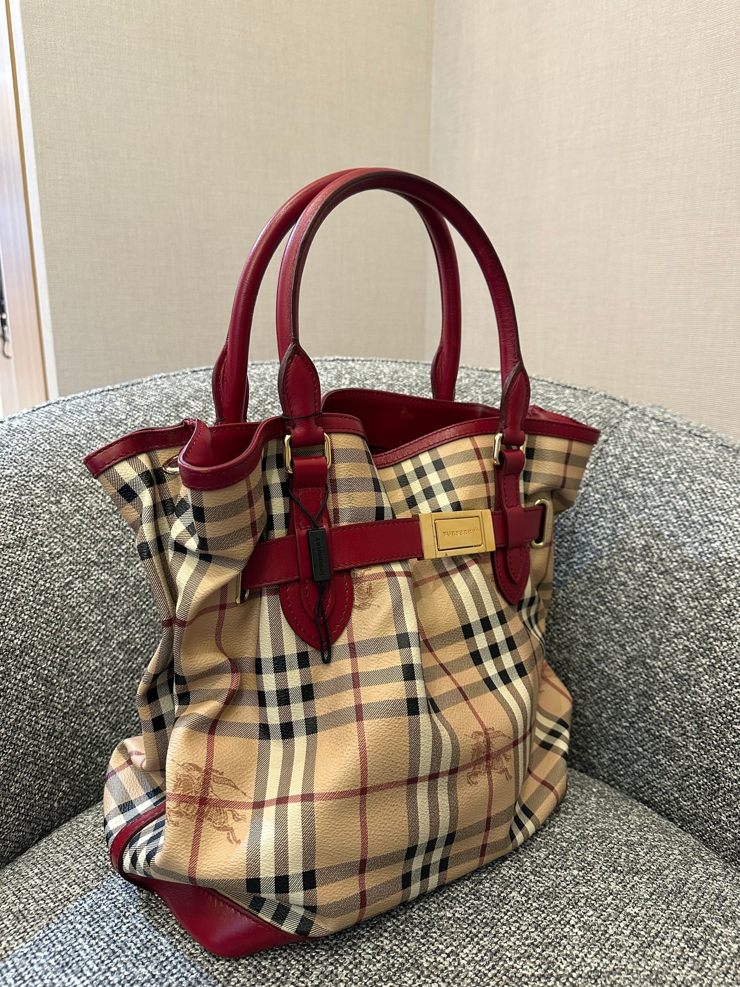 Burberry Haymarket Check Coated Canvas Belted Tote Bag with Red Leather Trim
