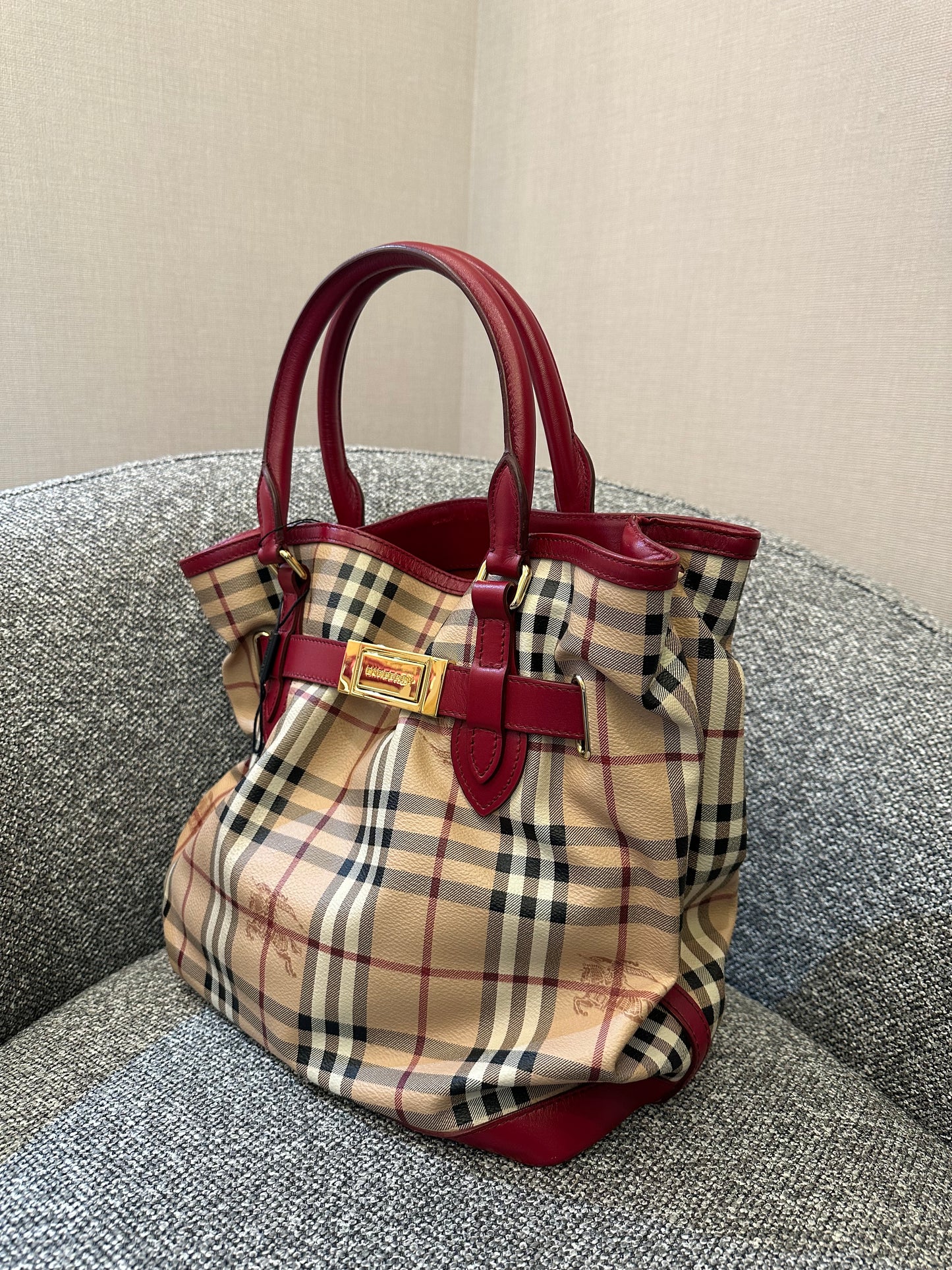 Burberry Haymarket Check Coated Canvas Belted Tote Bag with Red Leather Trim