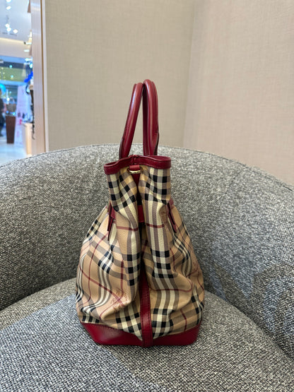 Burberry Haymarket Check Coated Canvas Belted Tote Bag with Red Leather Trim