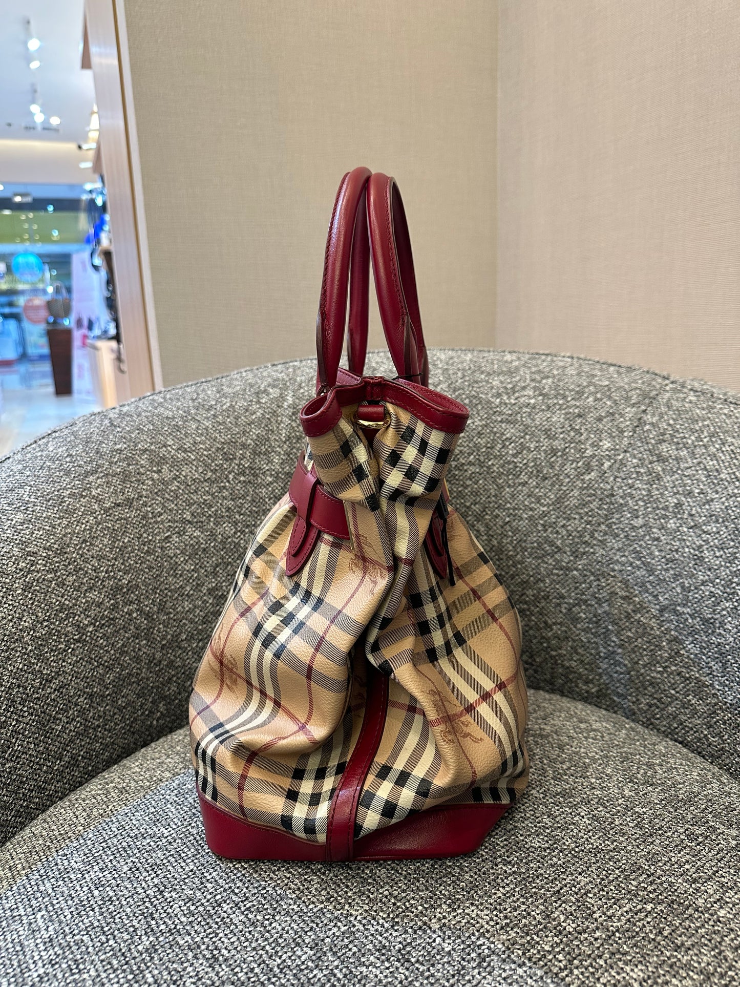 Burberry Haymarket Check Coated Canvas Belted Tote Bag with Red Leather Trim