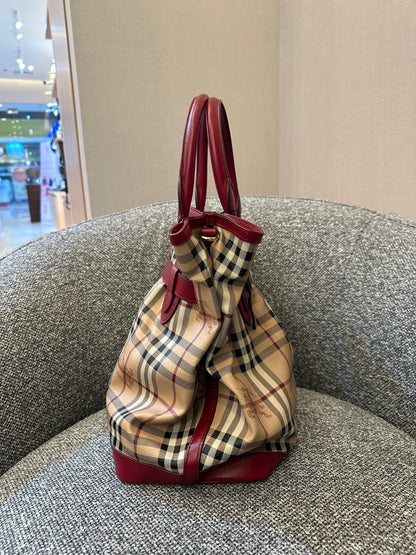 Burberry Haymarket Check Coated Canvas Belted Tote Bag with Red Leather Trim