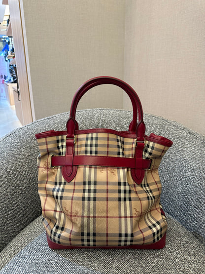 Burberry Haymarket Check Coated Canvas Belted Tote Bag with Red Leather Trim