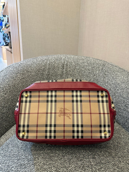 Burberry Haymarket Check Coated Canvas Belted Tote Bag with Red Leather Trim
