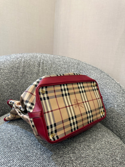 Burberry Haymarket Check Coated Canvas Belted Tote Bag with Red Leather Trim