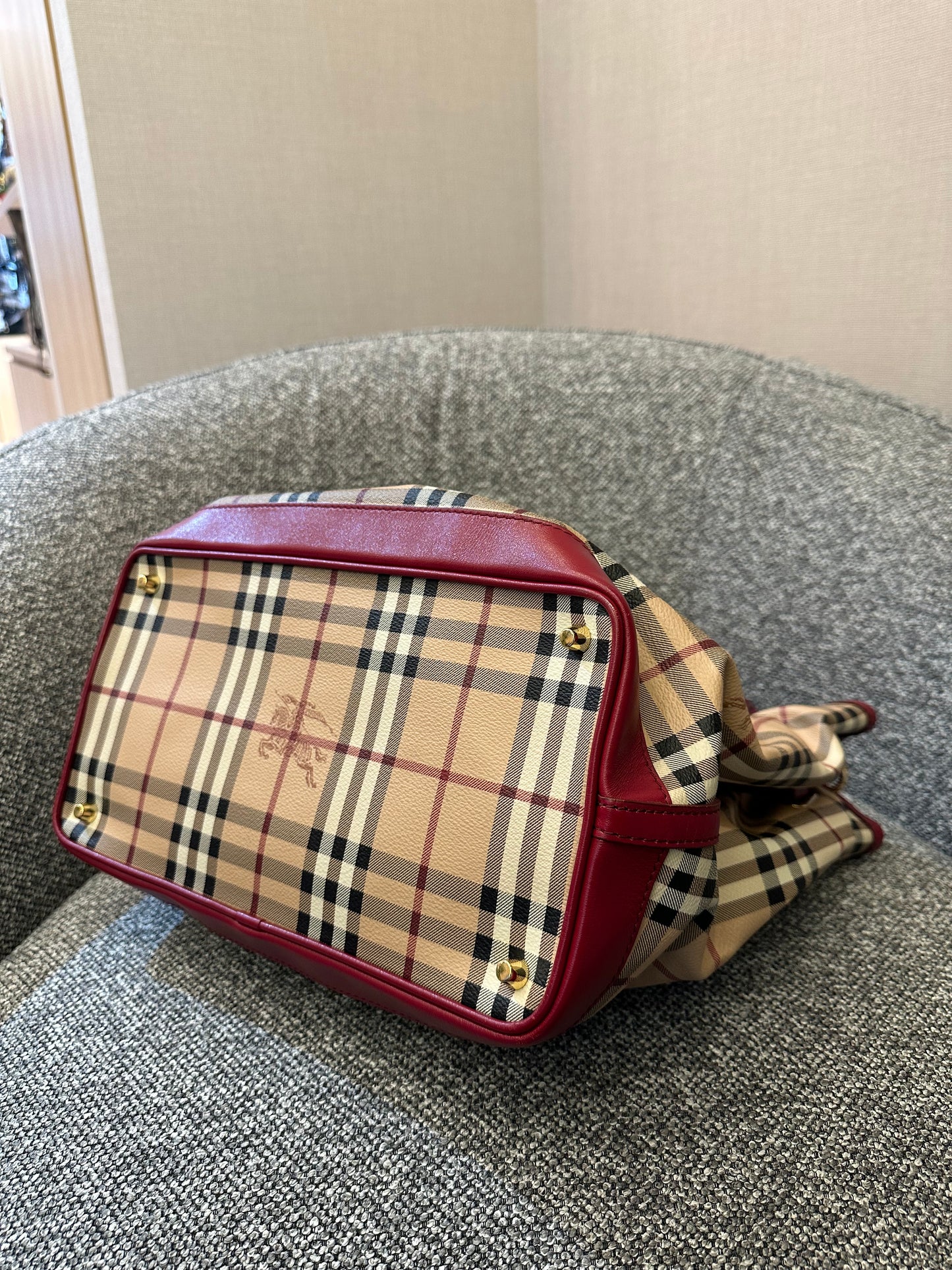 Burberry Haymarket Check Coated Canvas Belted Tote Bag with Red Leather Trim