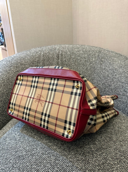 Burberry Haymarket Check Coated Canvas Belted Tote Bag with Red Leather Trim