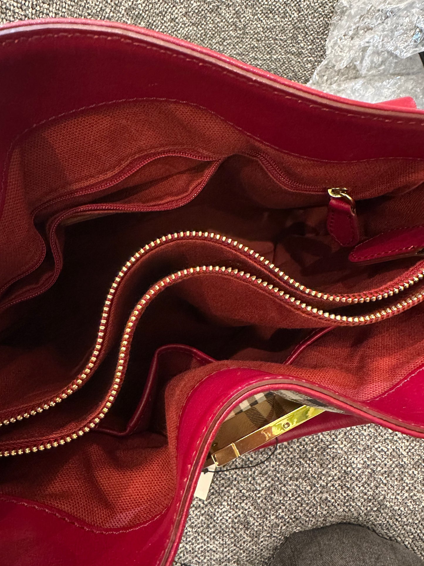 Burberry Haymarket Check Coated Canvas Belted Tote Bag with Red Leather Trim