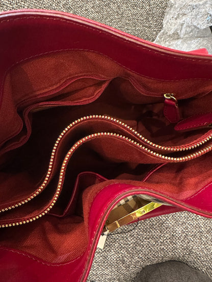 Burberry Haymarket Check Coated Canvas Belted Tote Bag with Red Leather Trim