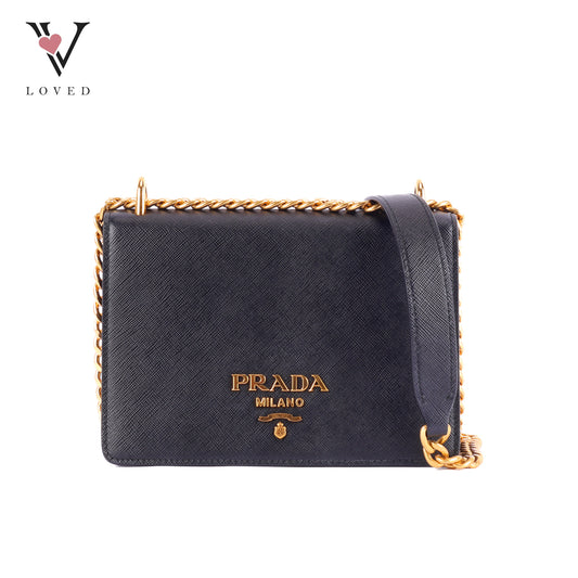 Prada Saffiano Leather Chain Crossbody Bag In Black Leather