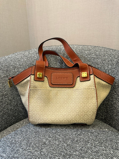 Loewe Anagram Shoulder Bag in Beige Canvas and Brown Leather Trim