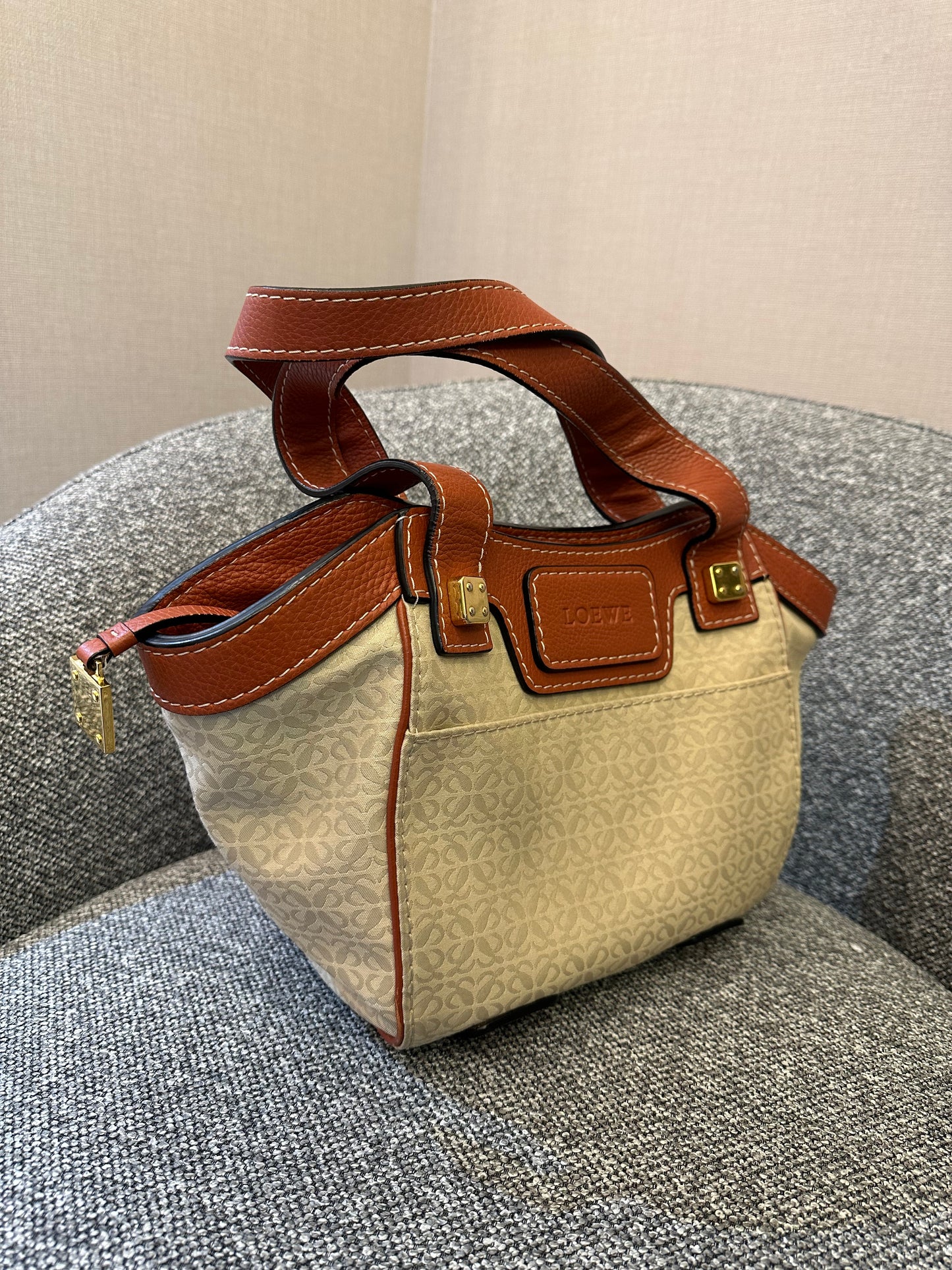 Loewe Anagram Shoulder Bag in Beige Canvas and Brown Leather Trim