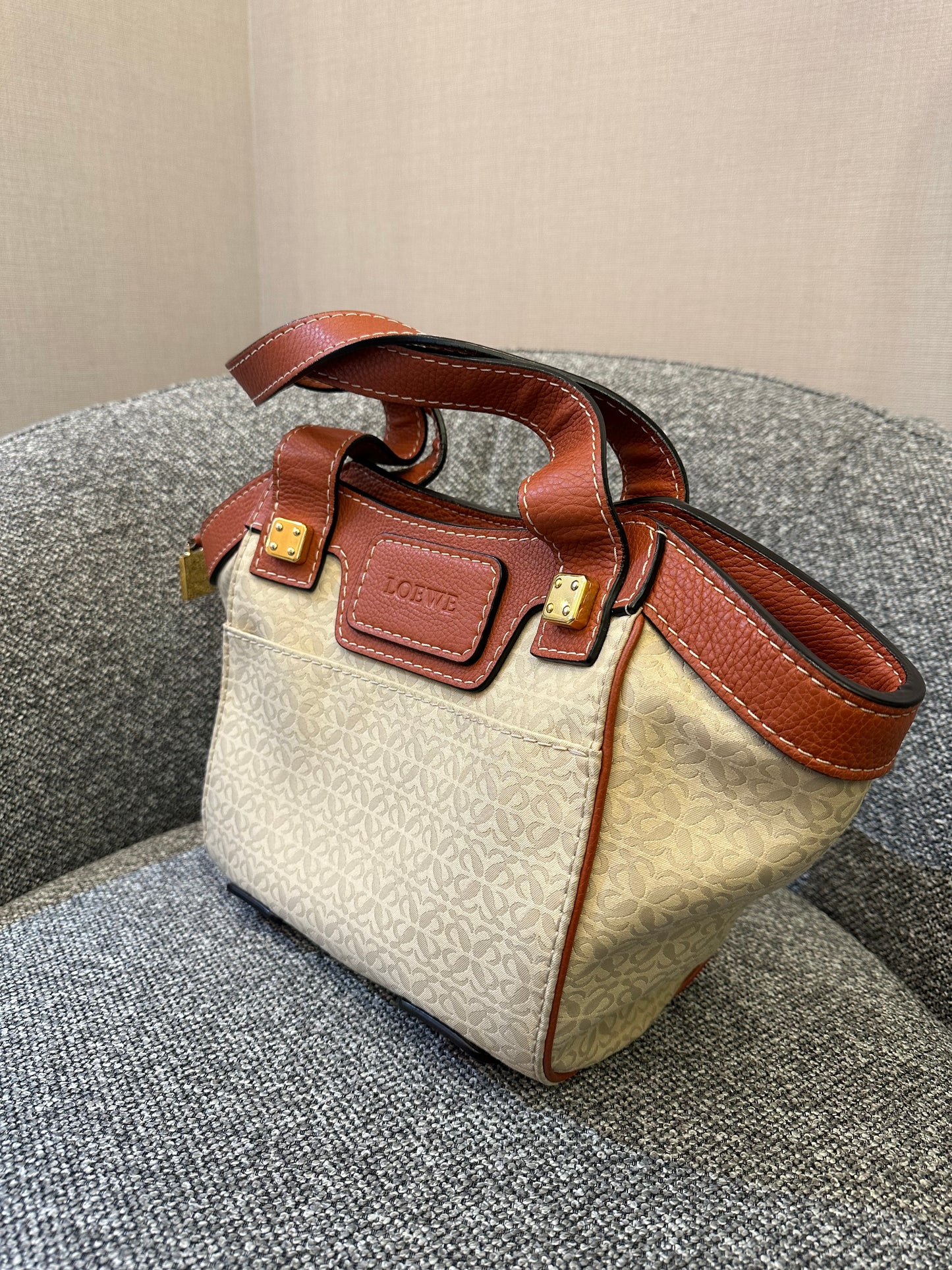 Loewe Anagram Shoulder Bag in Beige Canvas and Brown Leather Trim