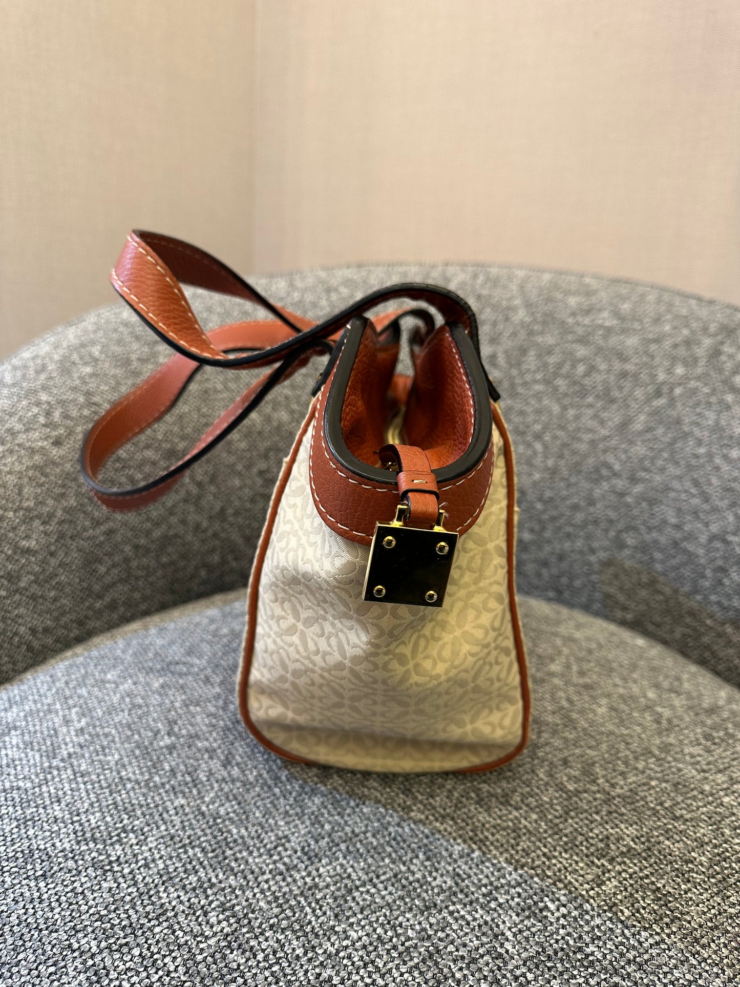 Loewe Anagram Shoulder Bag in Beige Canvas and Brown Leather Trim