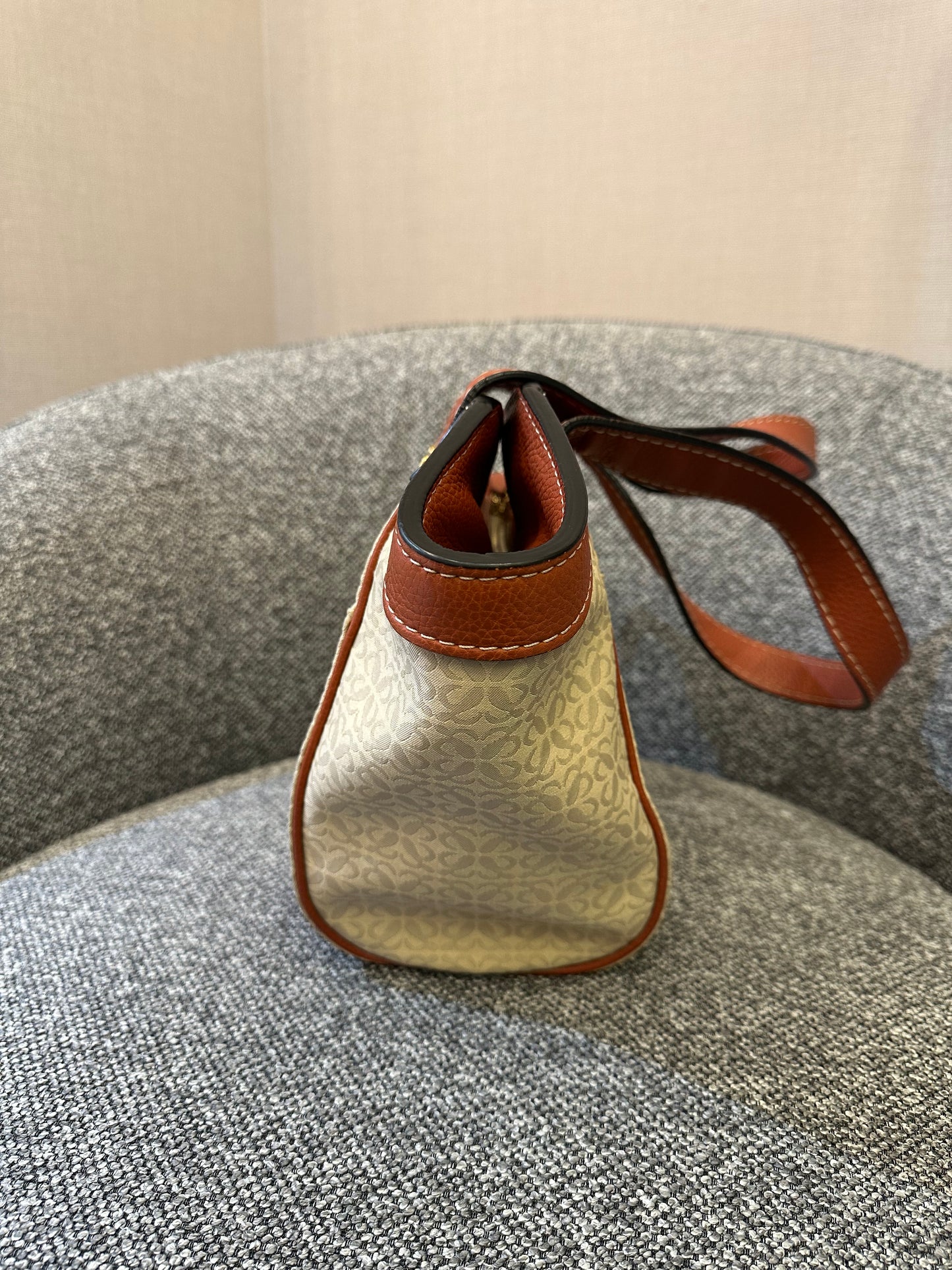Loewe Anagram Shoulder Bag in Beige Canvas and Brown Leather Trim