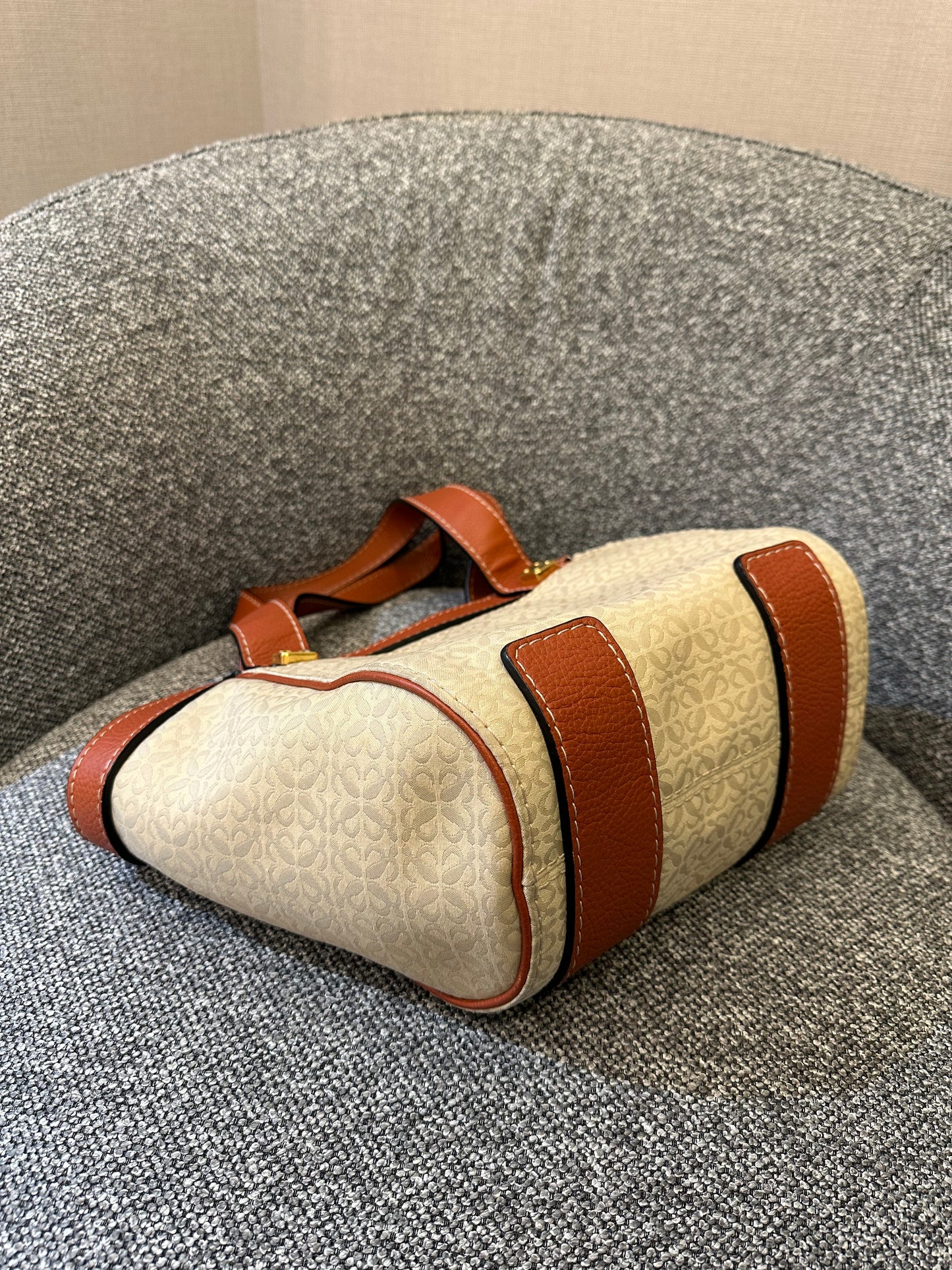 Loewe Anagram Shoulder Bag in Beige Canvas and Brown Leather Trim