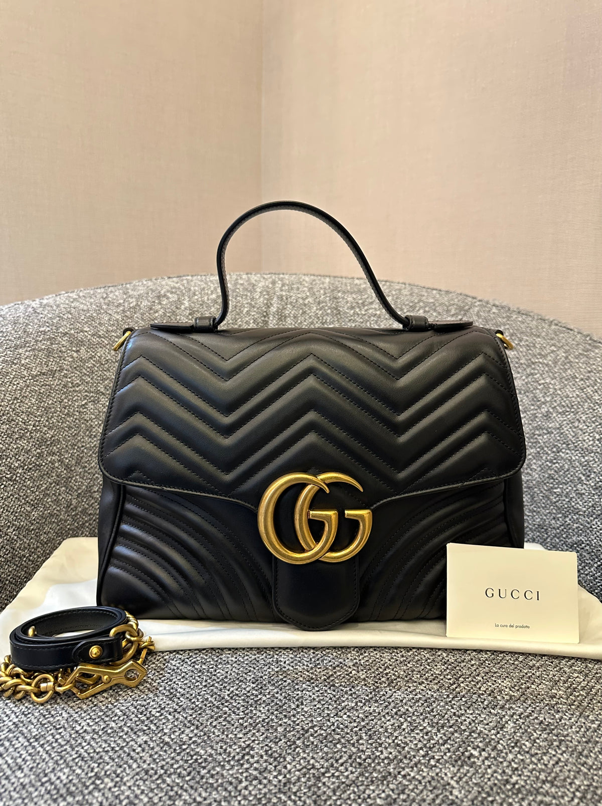 Gucci GG Marmont Medium Top Handle Bag in Black Chevron Leather