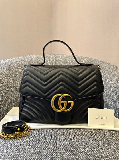 Gucci GG Marmont Medium Top Handle Bag in Black Chevron Leather