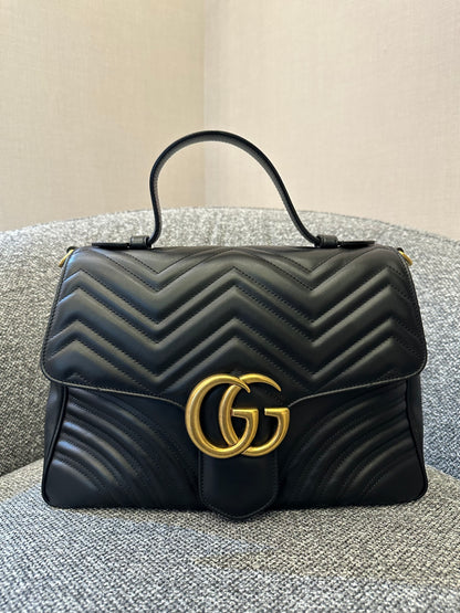 Gucci GG Marmont Medium Top Handle Bag in Black Chevron Leather
