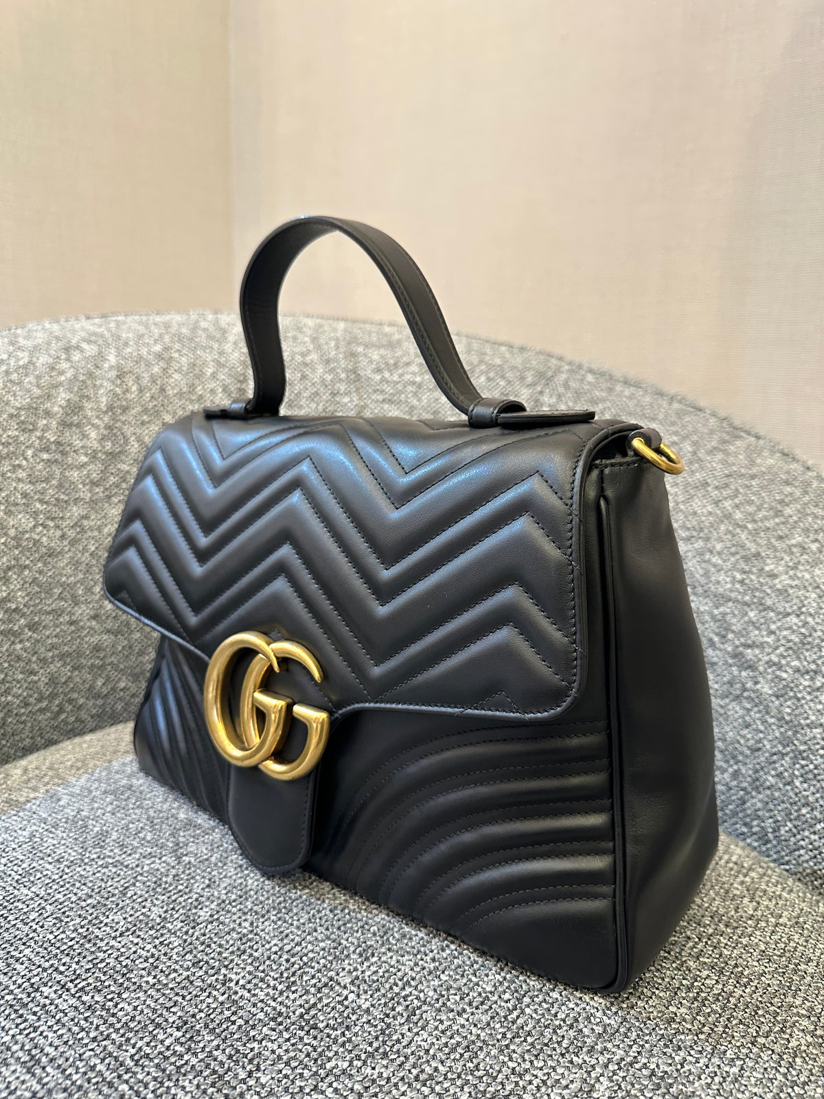 Gucci GG Marmont Medium Top Handle Bag in Black Chevron Leather