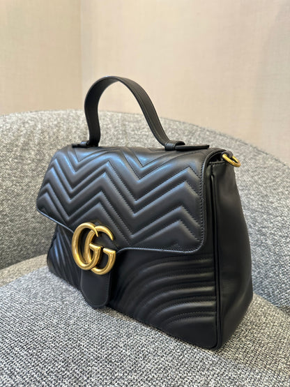 Gucci GG Marmont Medium Top Handle Bag in Black Chevron Leather