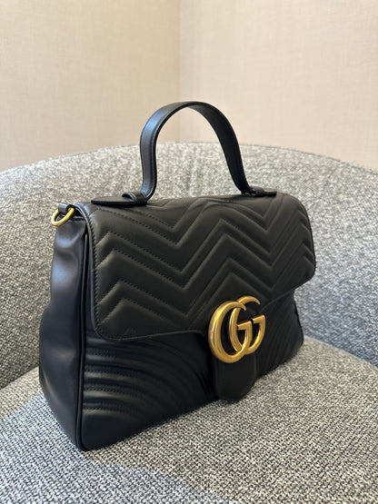 Gucci GG Marmont Medium Top Handle Bag in Black Chevron Leather
