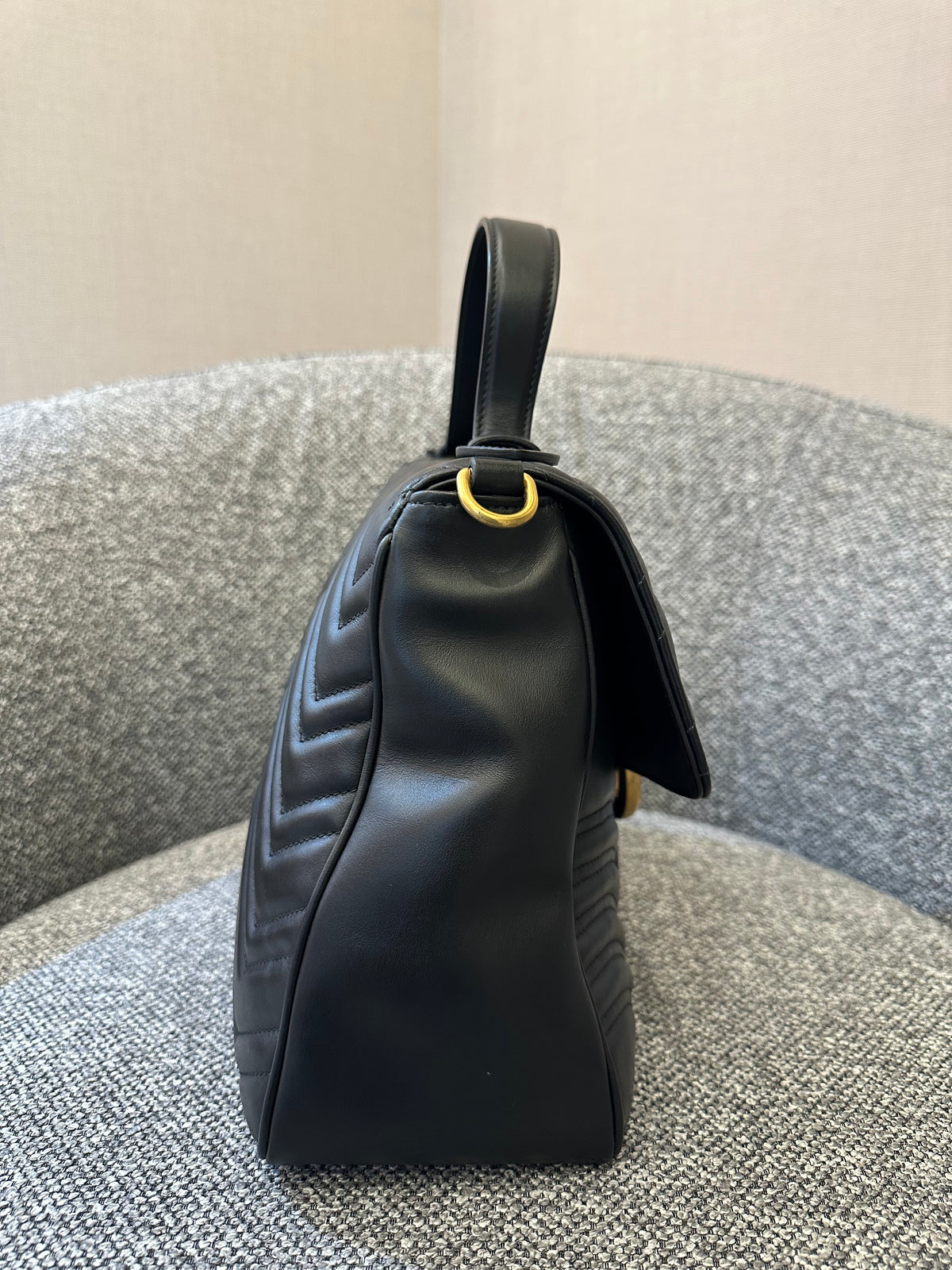 Gucci GG Marmont Medium Top Handle Bag in Black Chevron Leather