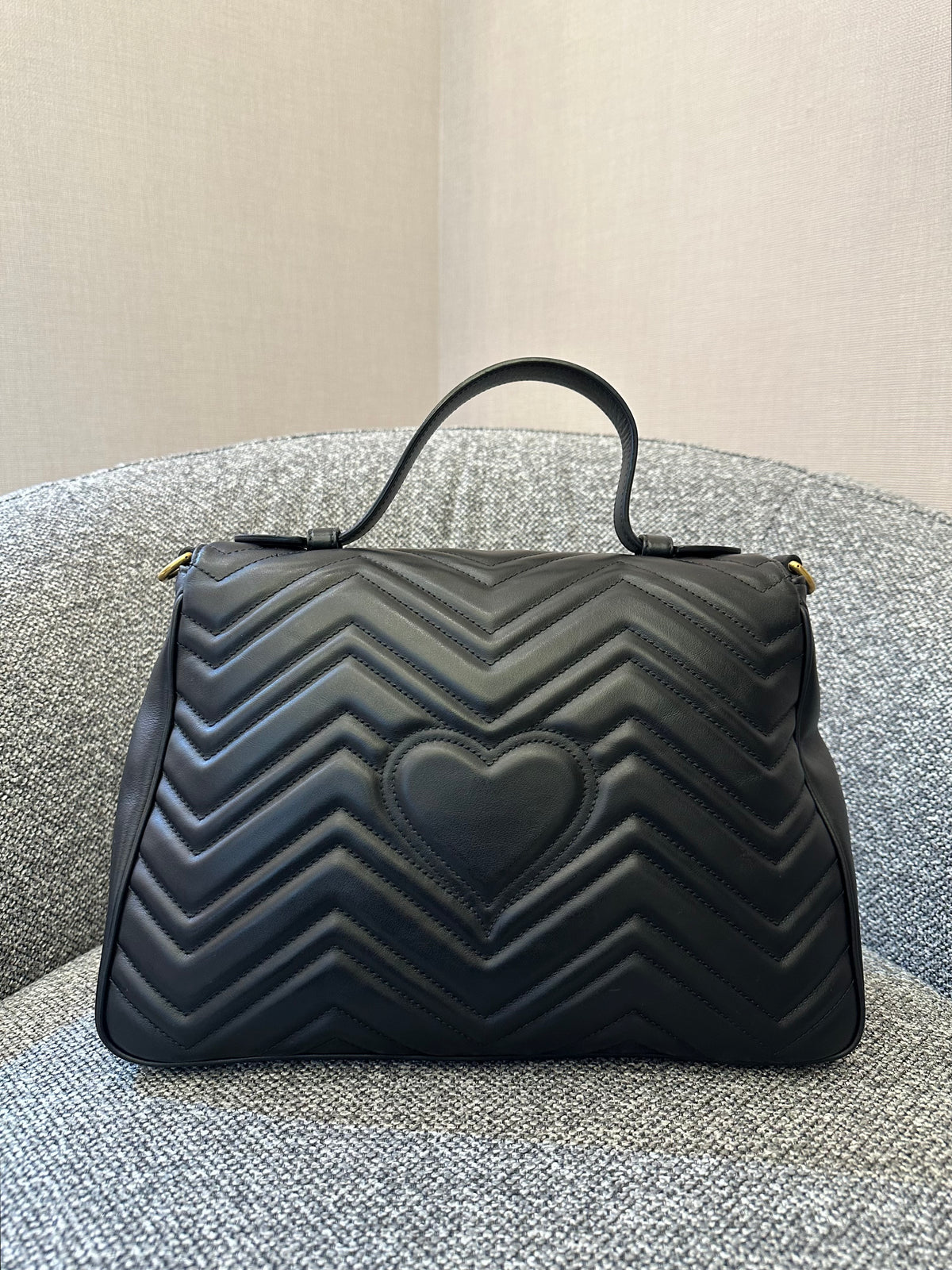 Gucci GG Marmont Medium Top Handle Bag in Black Chevron Leather