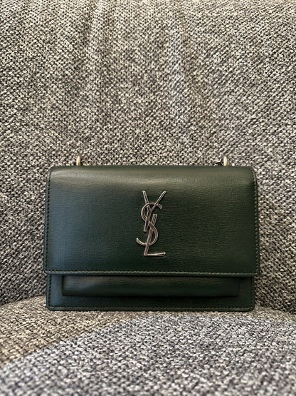 Yves Saint Laurent Mini Sunset Shoulder Bag in Emerald Green Leather