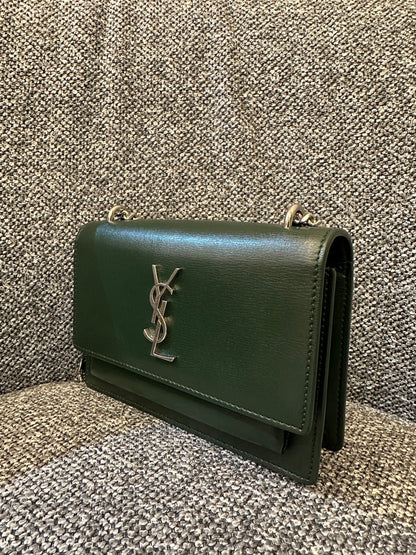 Yves Saint Laurent Mini Sunset Shoulder Bag in Emerald Green Leather
