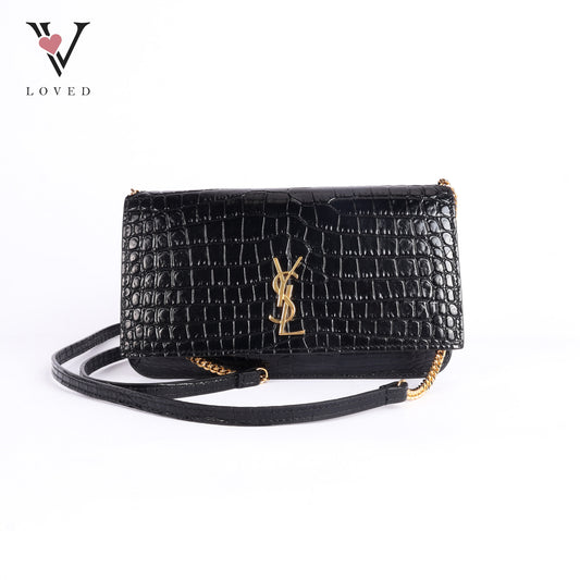 Cassandre Phone Holder In Shiny Crocodile-Embossed Leather