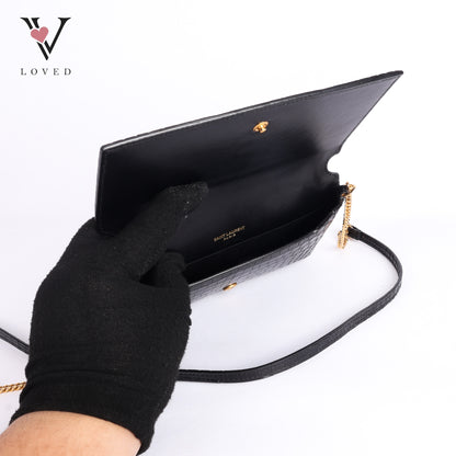Cassandre Phone Holder In Shiny Crocodile-Embossed Leather