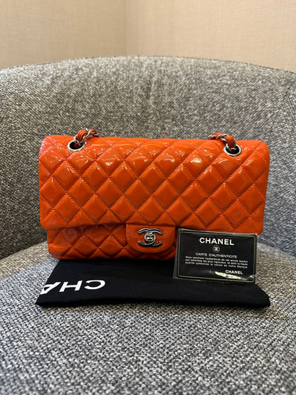 Chanel Classic Small Double Flap Bag in Orange Patent Leather