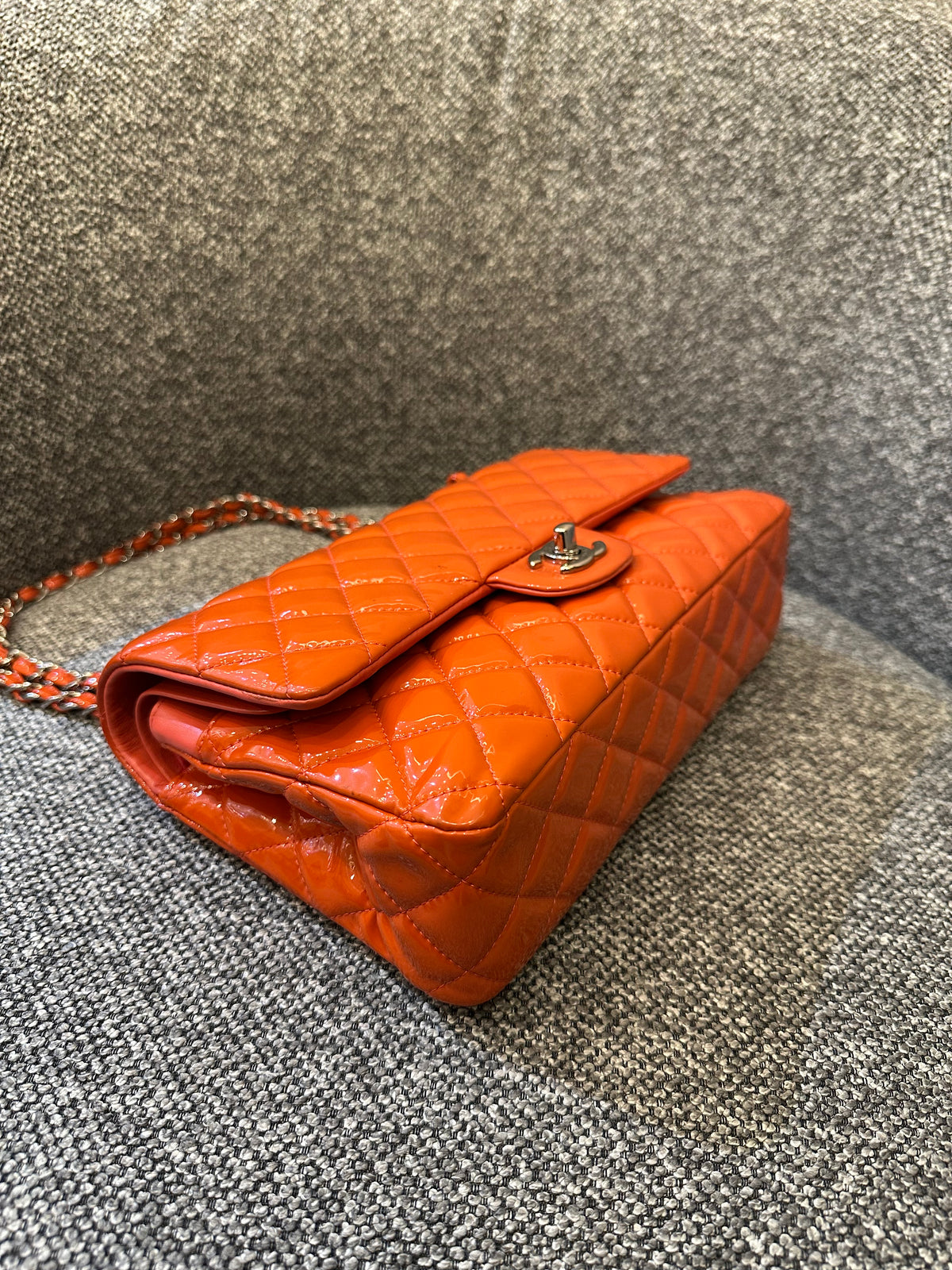 Chanel Classic Small Double Flap Bag in Orange Patent Leather