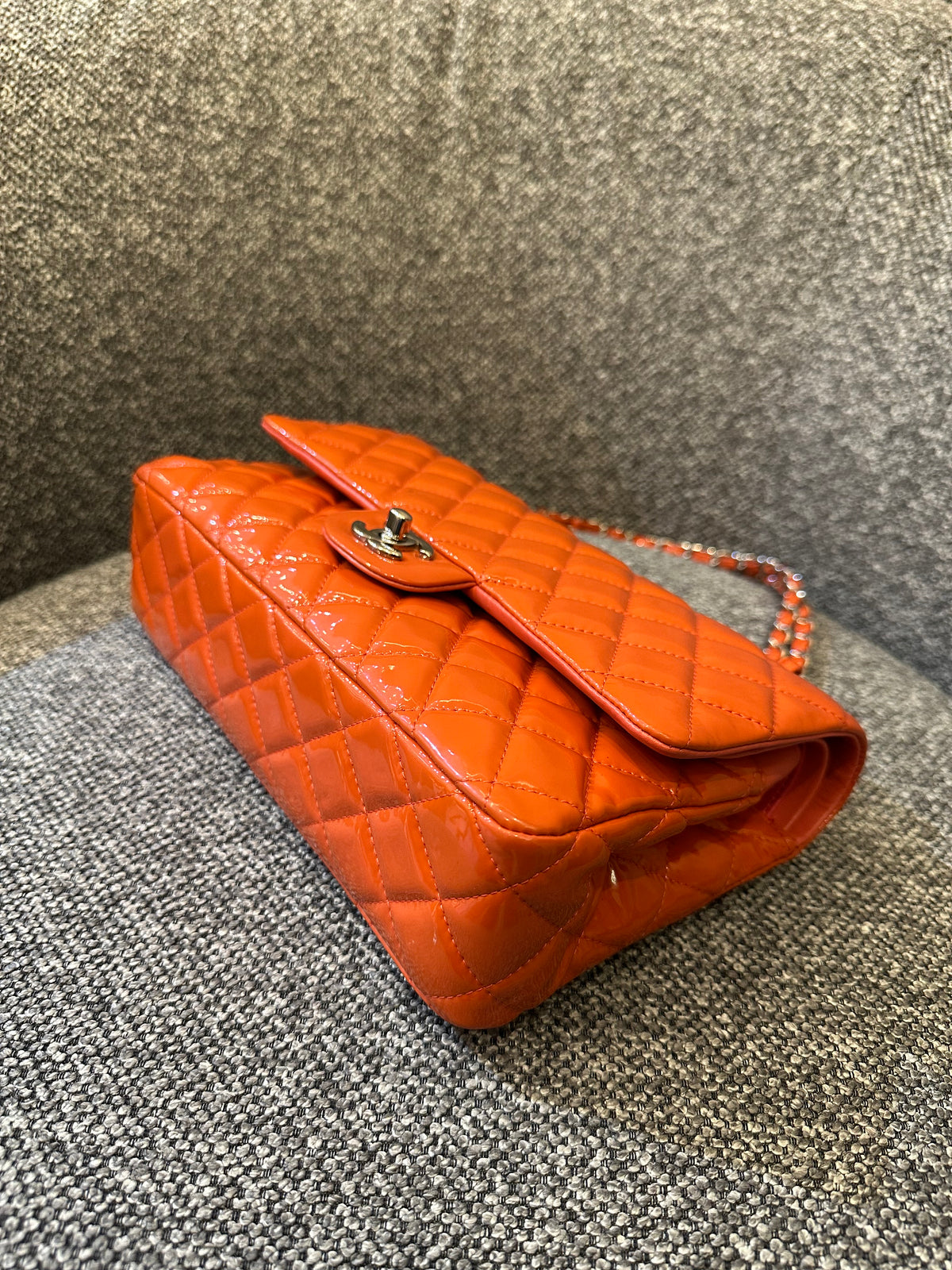 Chanel Classic Small Double Flap Bag in Orange Patent Leather