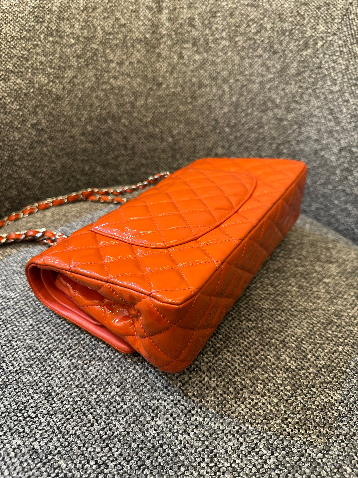 Chanel Classic Small Double Flap Bag in Orange Patent Leather