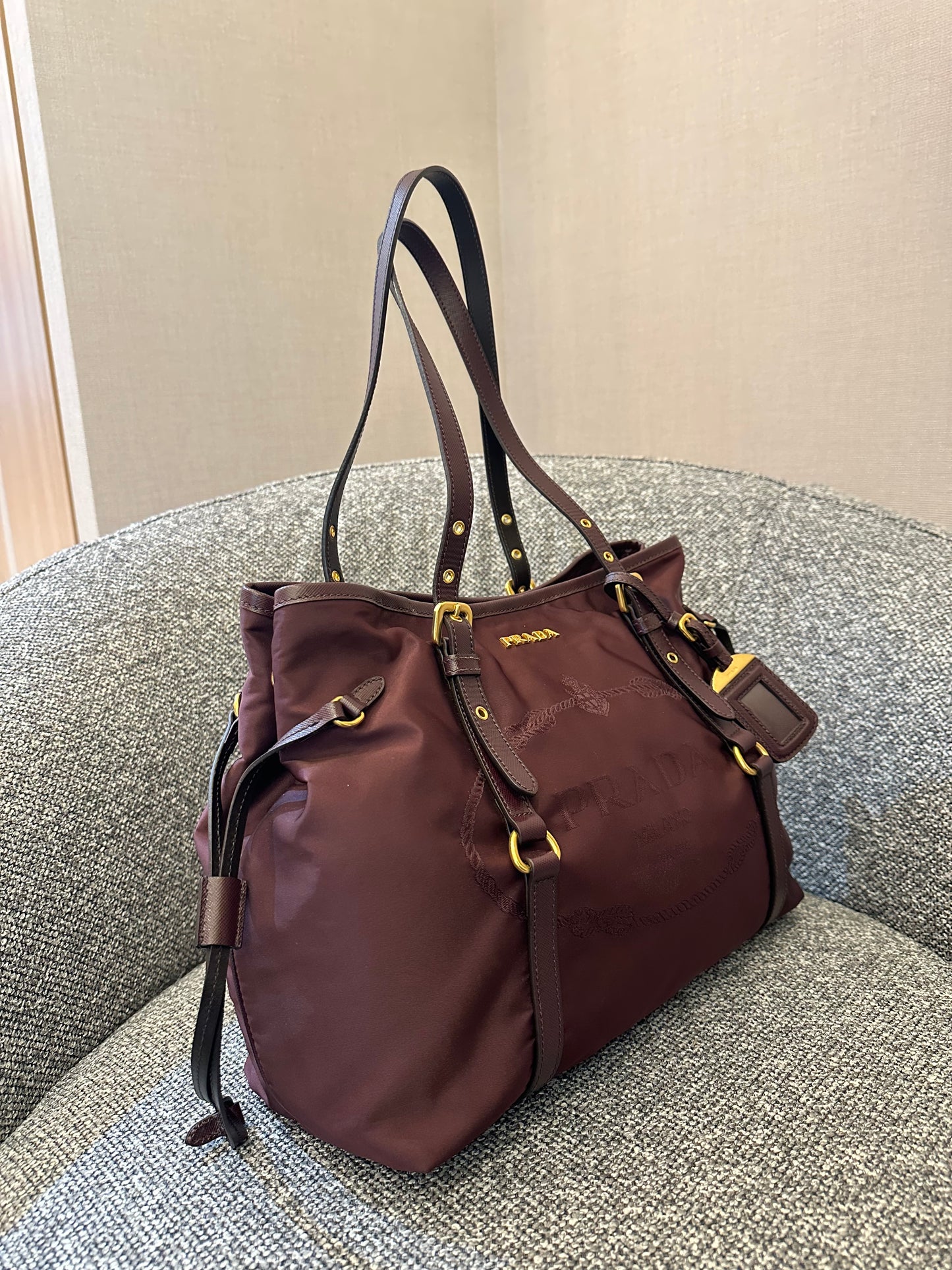 Prada Tote Bag in Burgundy Tessuto Nylon and Leather