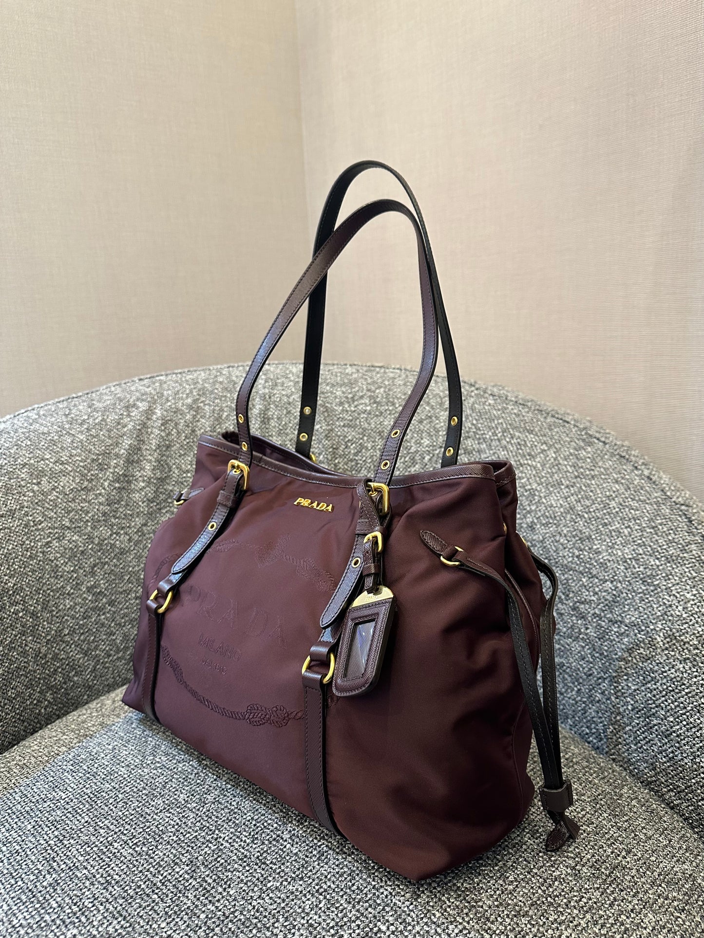 Prada Tote Bag in Burgundy Tessuto Nylon and Leather