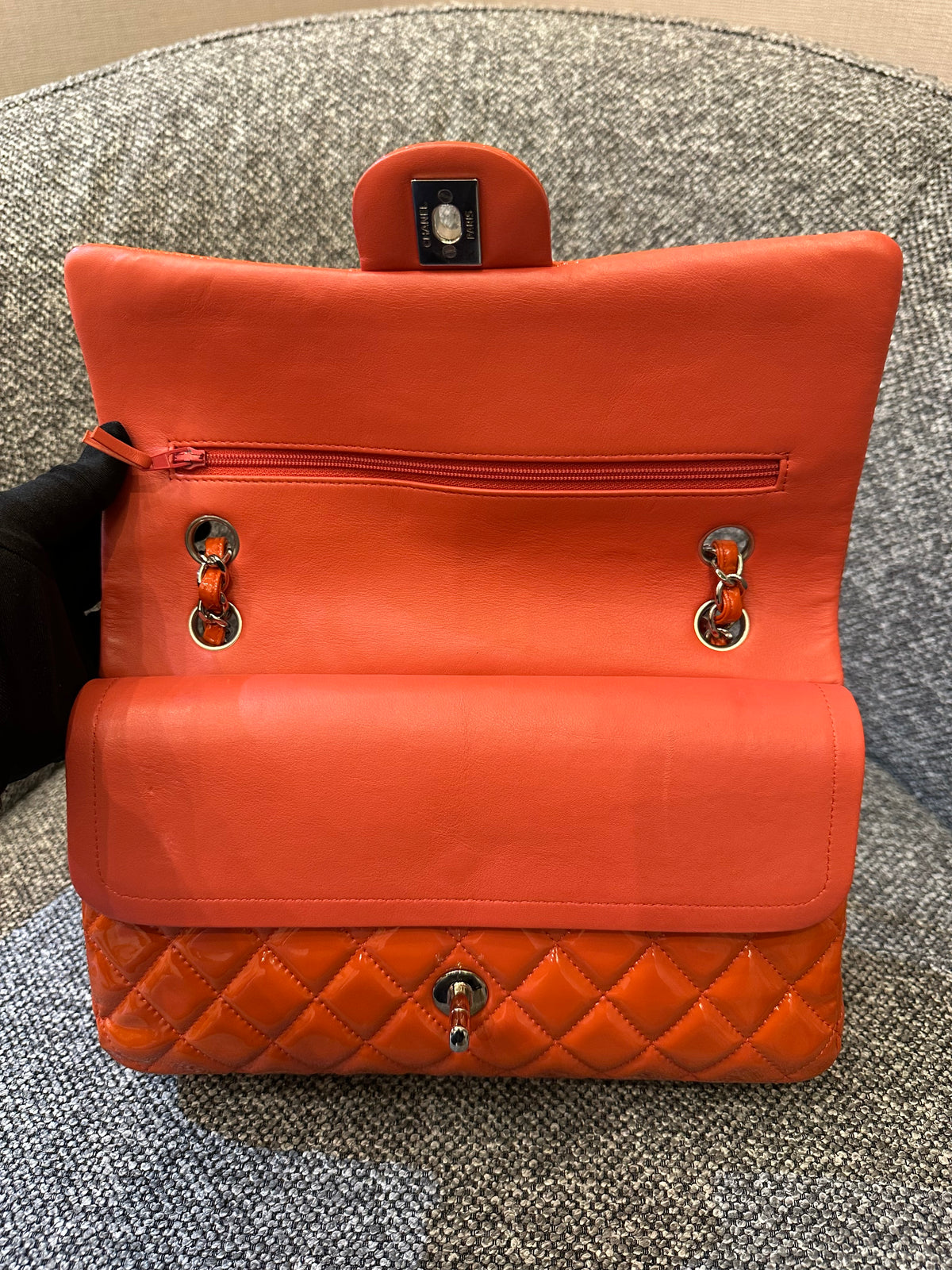 Chanel Classic Small Double Flap Bag in Orange Patent Leather