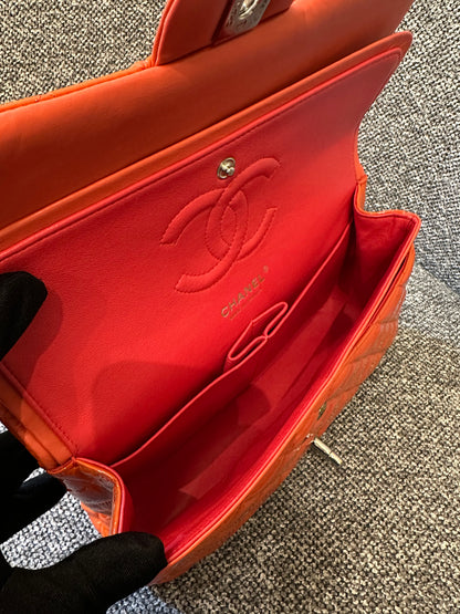 Chanel Classic Small Double Flap Bag in Orange Patent Leather