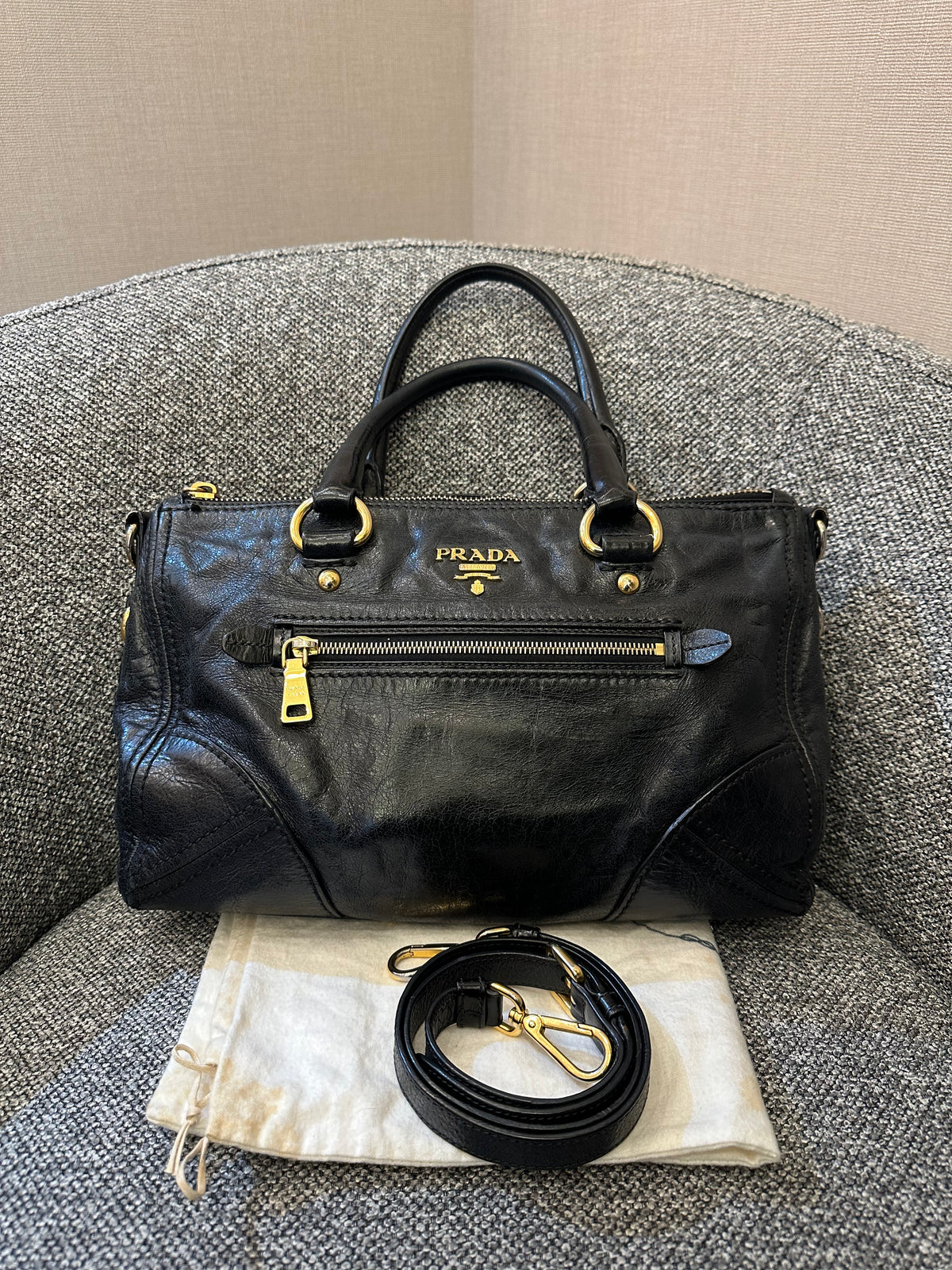 Prada East/West Bauletto Top Handle Bag In Vitello Shine Leather