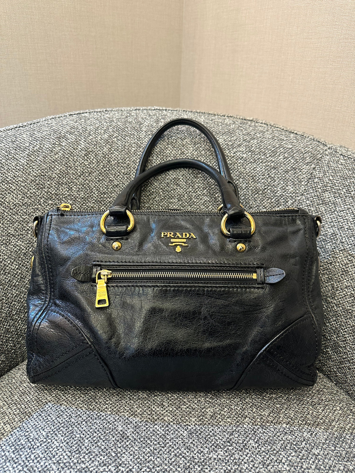 Prada East/West Bauletto Top Handle Bag In Vitello Shine Leather