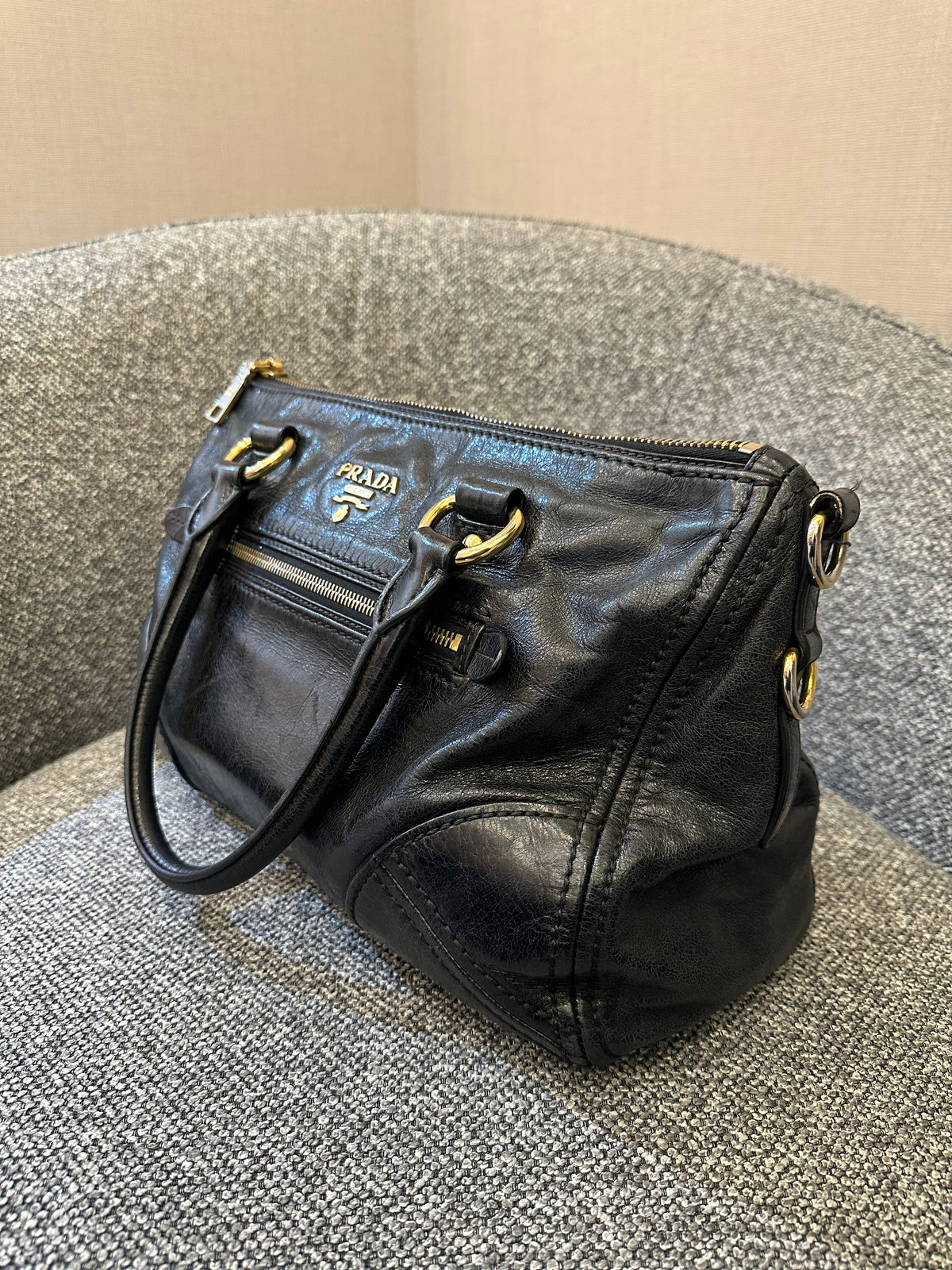 Prada East/West Bauletto Top Handle Bag In Vitello Shine Leather