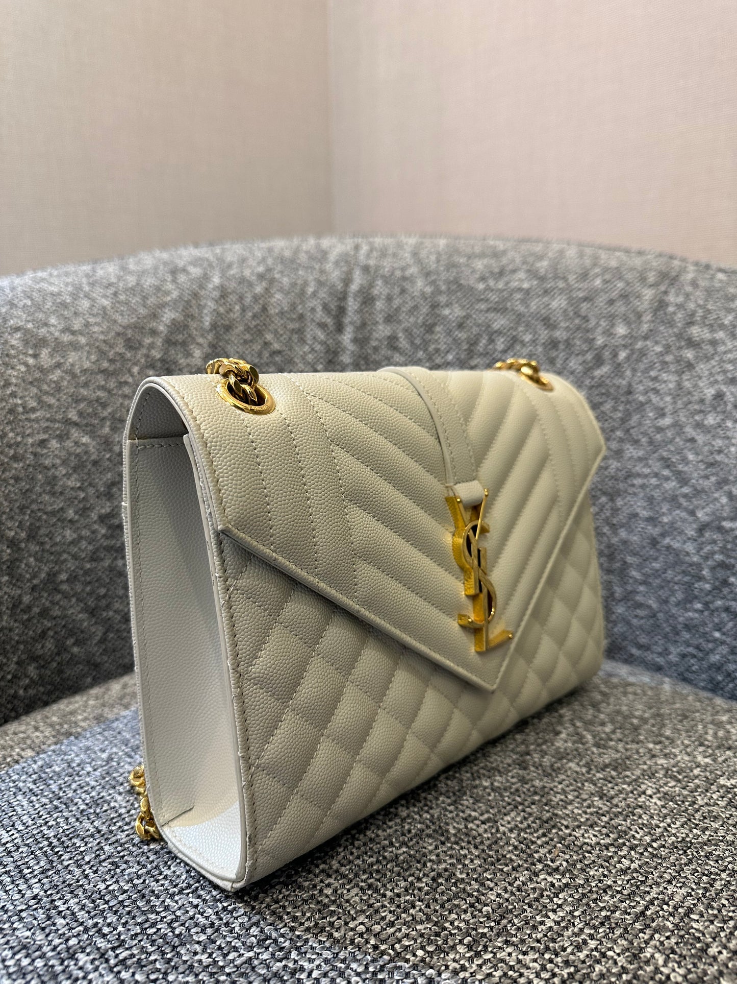 Yves Saint Laurent Envelope Shoulder Bag in White Quilted Leather