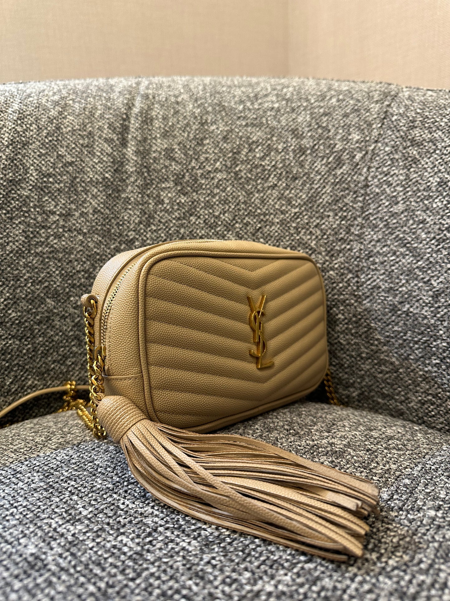 Yves Saint Laurent Mini Lou Camera Bag in Beige Matelassé Leather