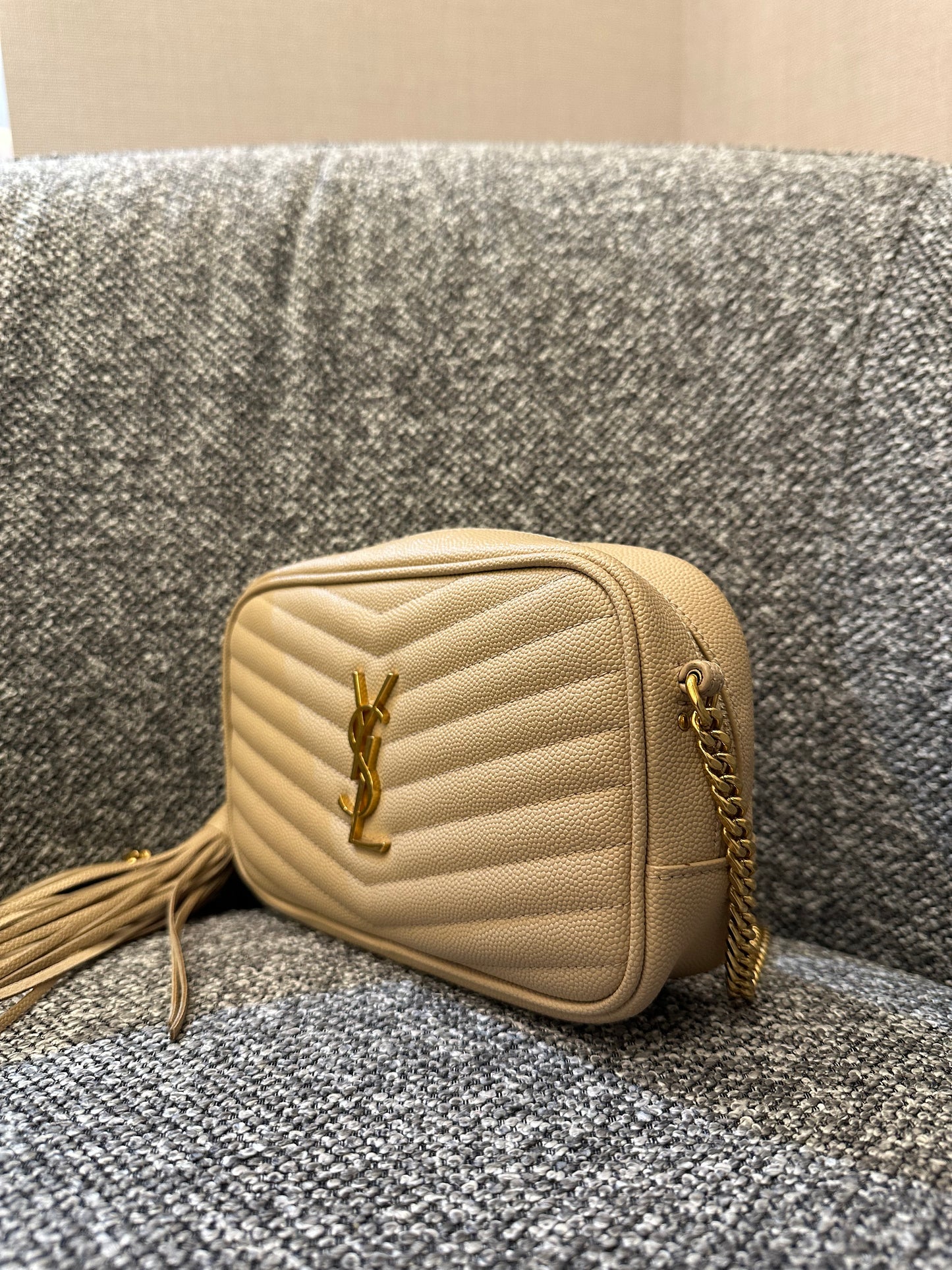 Yves Saint Laurent Mini Lou Camera Bag in Beige Matelassé Leather