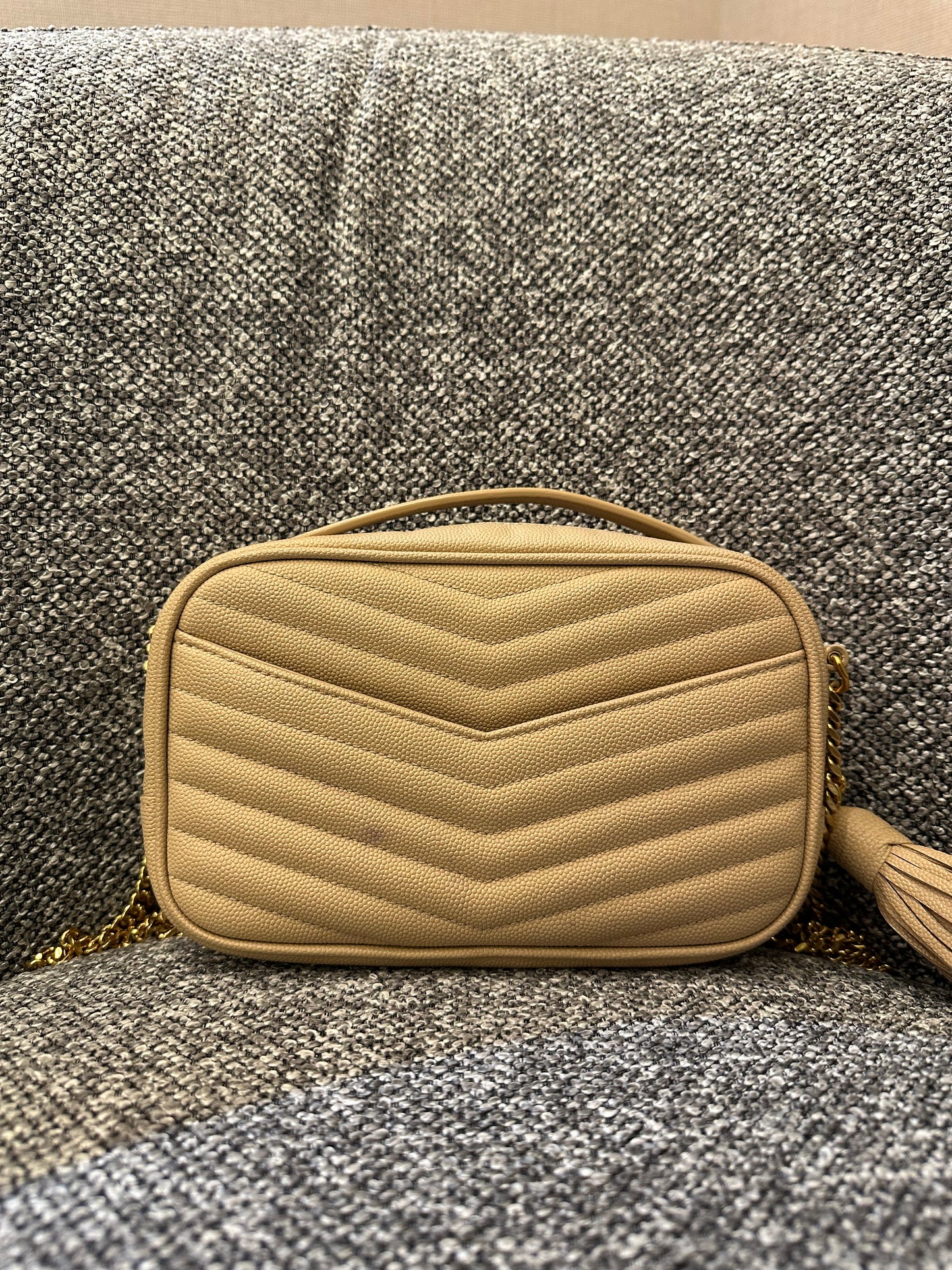 Yves Saint Laurent Mini Lou Camera Bag in Beige Matelassé Leather