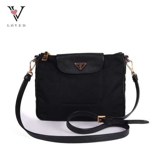 Black Nylon And Leather Trim Messenger Bag