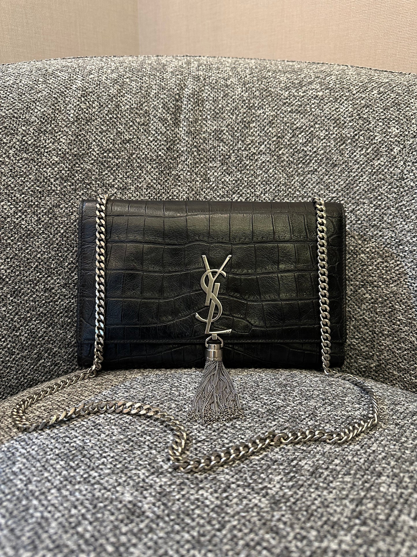 Yves Saint Laurent Kate Shoulder Bag in Crocodile-Embossed Black Leather