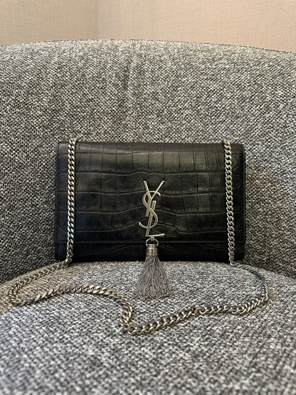 Yves Saint Laurent Kate Shoulder Bag in Crocodile-Embossed Black Leather